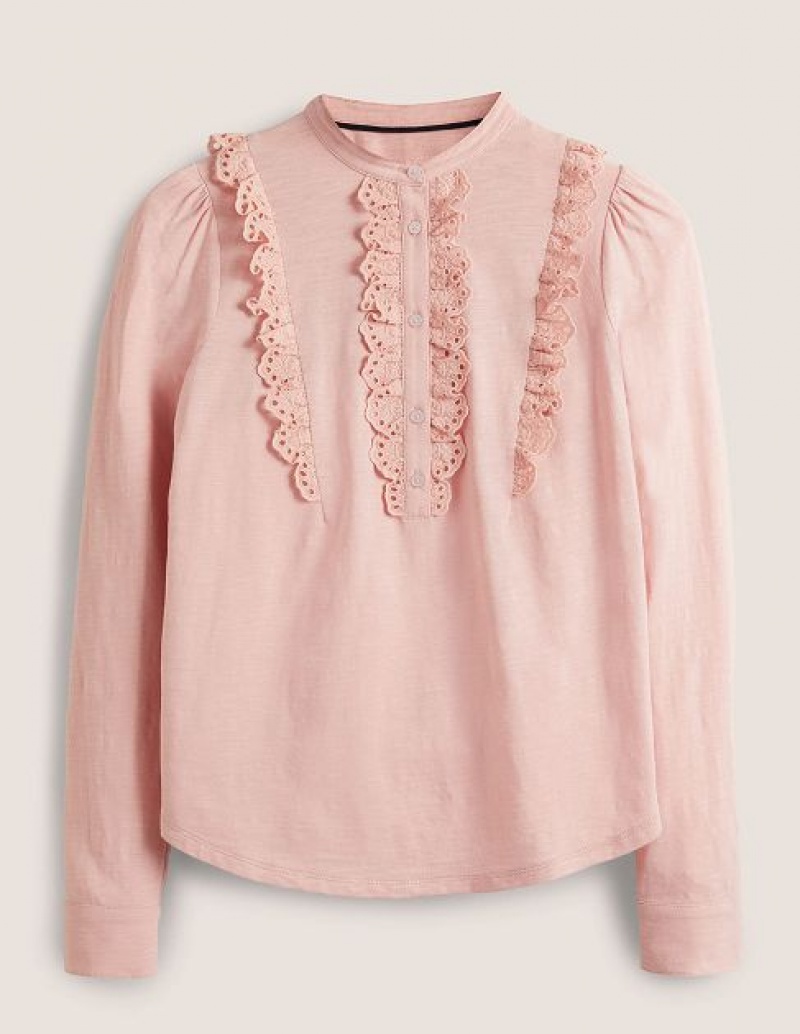 Pink Women's Boden Broderie Ruffle Jersey Tops | 07129FWYM