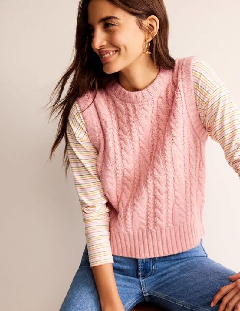 Pink Women\'s Boden Cable Crew Neck Sweater Vest | 75109ESBD