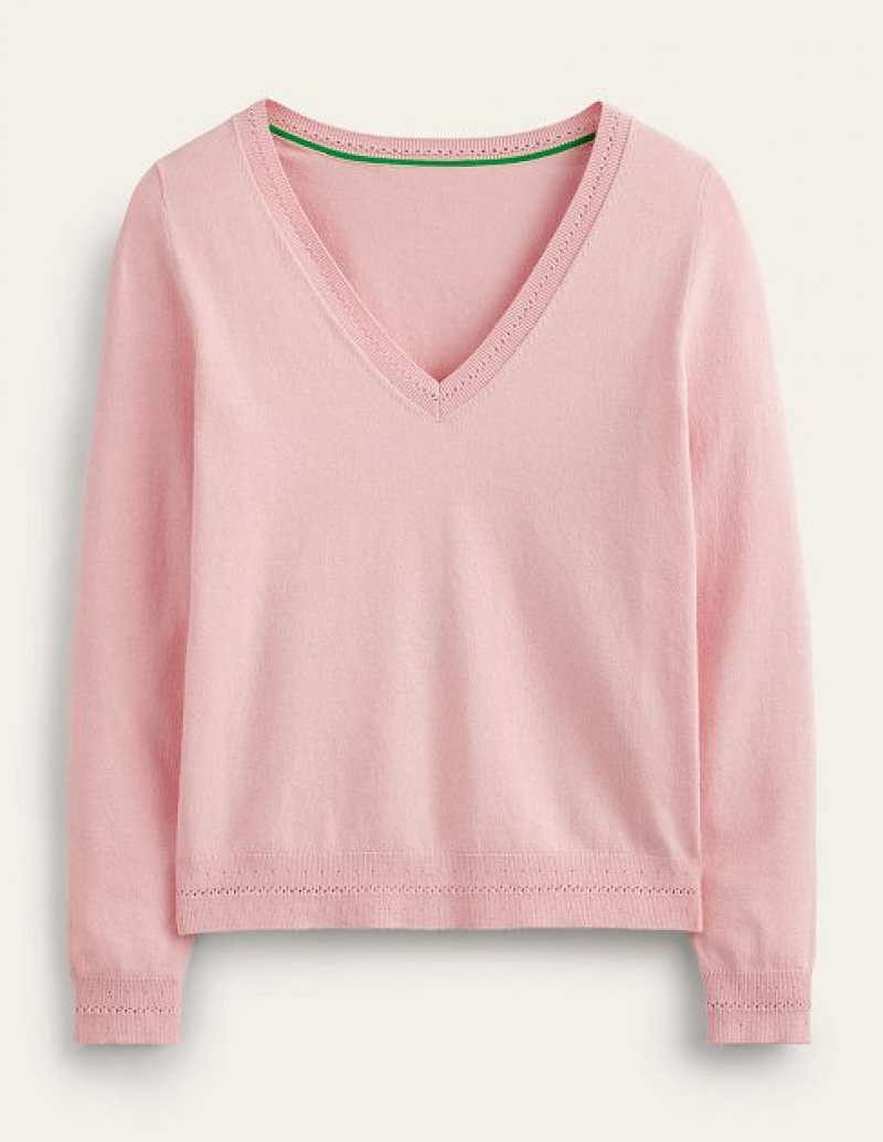 Pink Women's Boden Catriona Cotton V-neck Jumpers | 78325DLYG