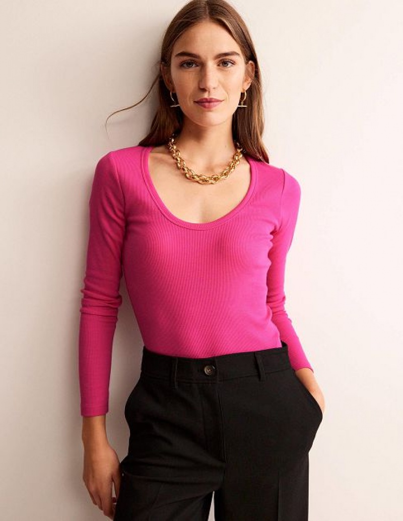 Pink Women's Boden Cotton Rib Scoop Neck Tops | 98546QAUJ