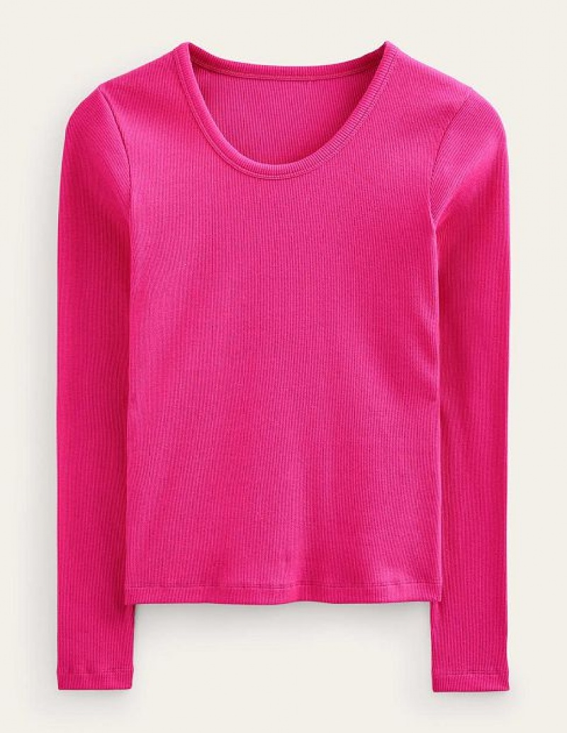 Pink Women's Boden Cotton Rib Scoop Neck Tops | 98546QAUJ