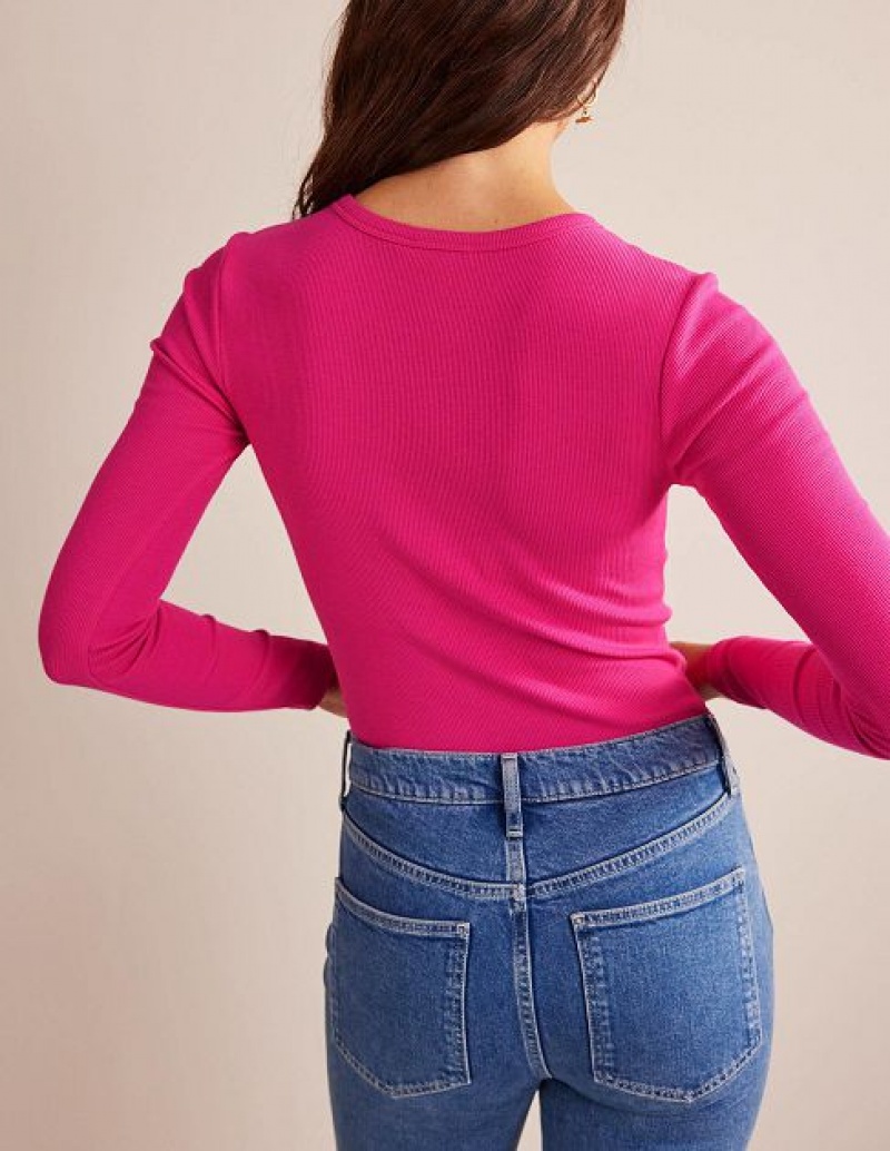 Pink Women's Boden Cotton Ribbed Long Sleeve Tops | 97358LYIH