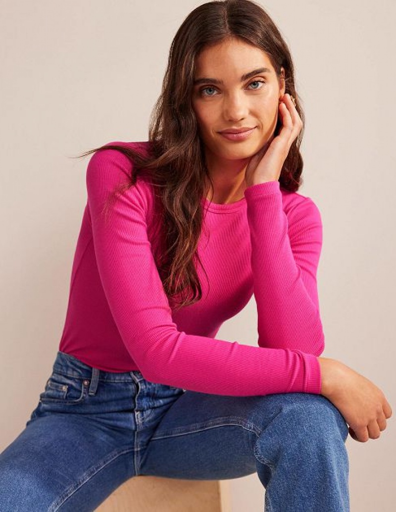 Pink Women's Boden Cotton Ribbed Long Sleeve Tops | 97358LYIH