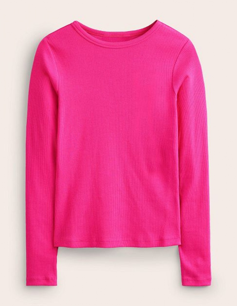 Pink Women's Boden Cotton Ribbed Long Sleeve Tops | 97358LYIH