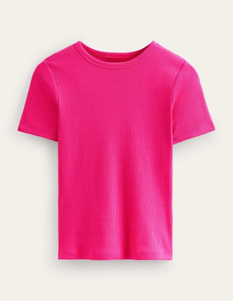 Pink Women's Boden Crew Neck Rib T-Shirt | 04693QGXF