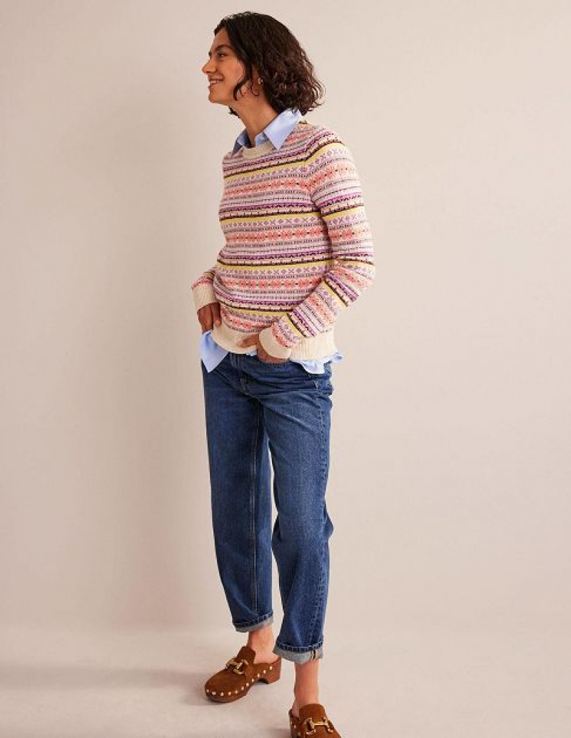 Pink Women's Boden Edie Fair Isle Sweaters | 24037ZSRN