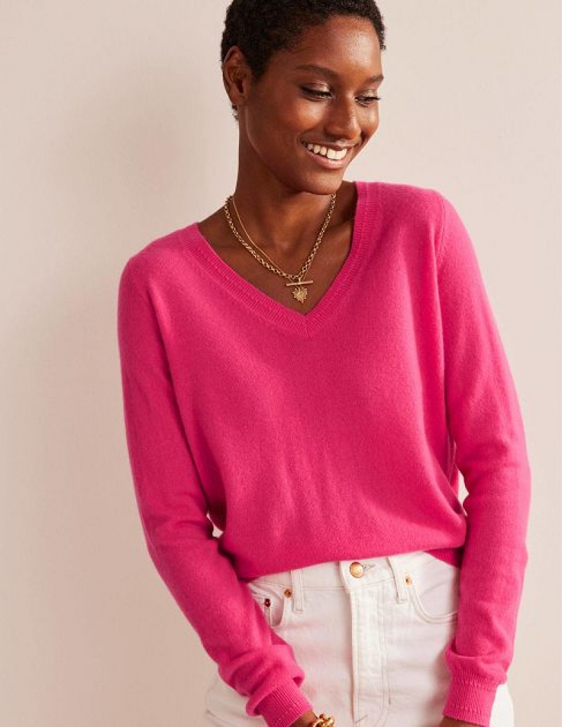 Pink Women's Boden Eva Cashmere V-neck Sweaters | 86519SMVJ