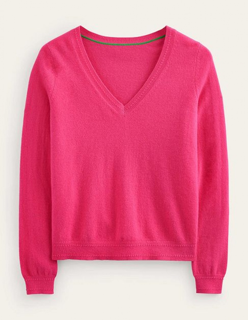 Pink Women's Boden Eva Cashmere V-neck Sweaters | 86519SMVJ