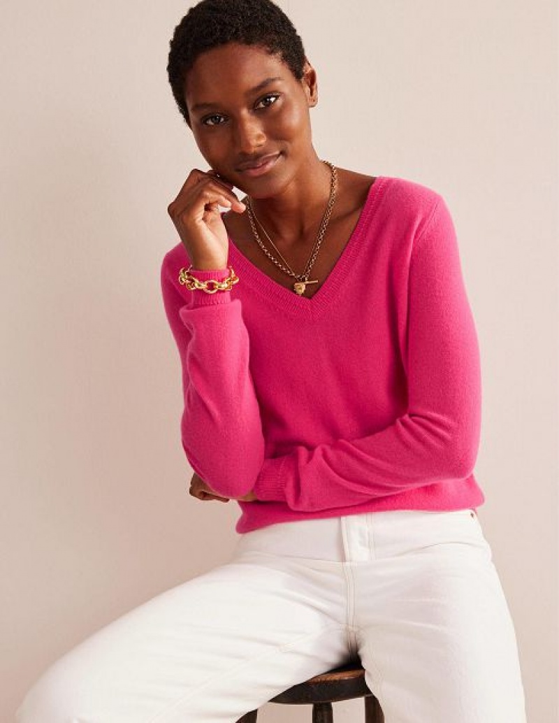 Pink Women\'s Boden Eva Cashmere V-neck Sweaters | 86519SMVJ