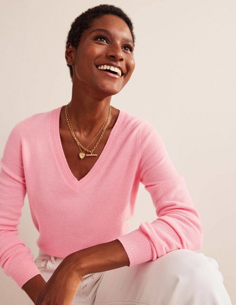 Pink Women's Boden Eva Cashmere V-neck Sweaters | 29480MZDE