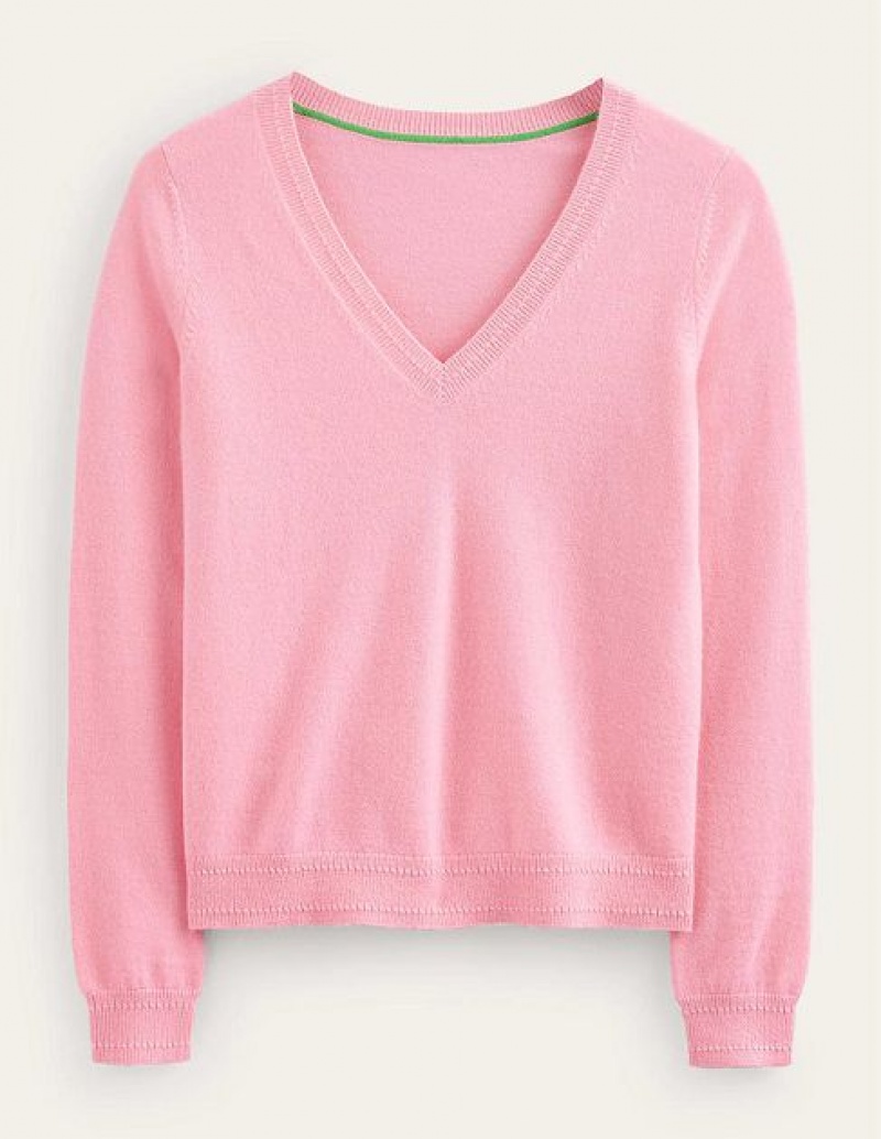 Pink Women's Boden Eva Cashmere V-neck Sweaters | 29480MZDE