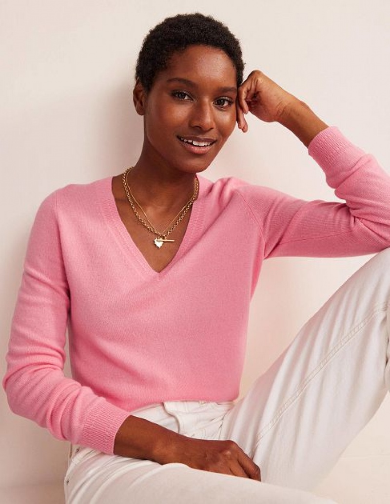 Pink Women\'s Boden Eva Cashmere V-neck Sweaters | 29480MZDE