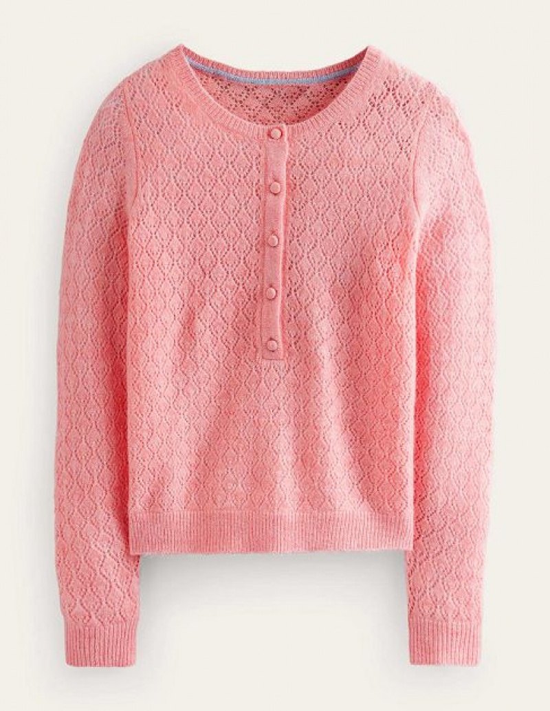 Pink Women's Boden Fluffy Henley Pointelle Jumpers | 54123DGQP