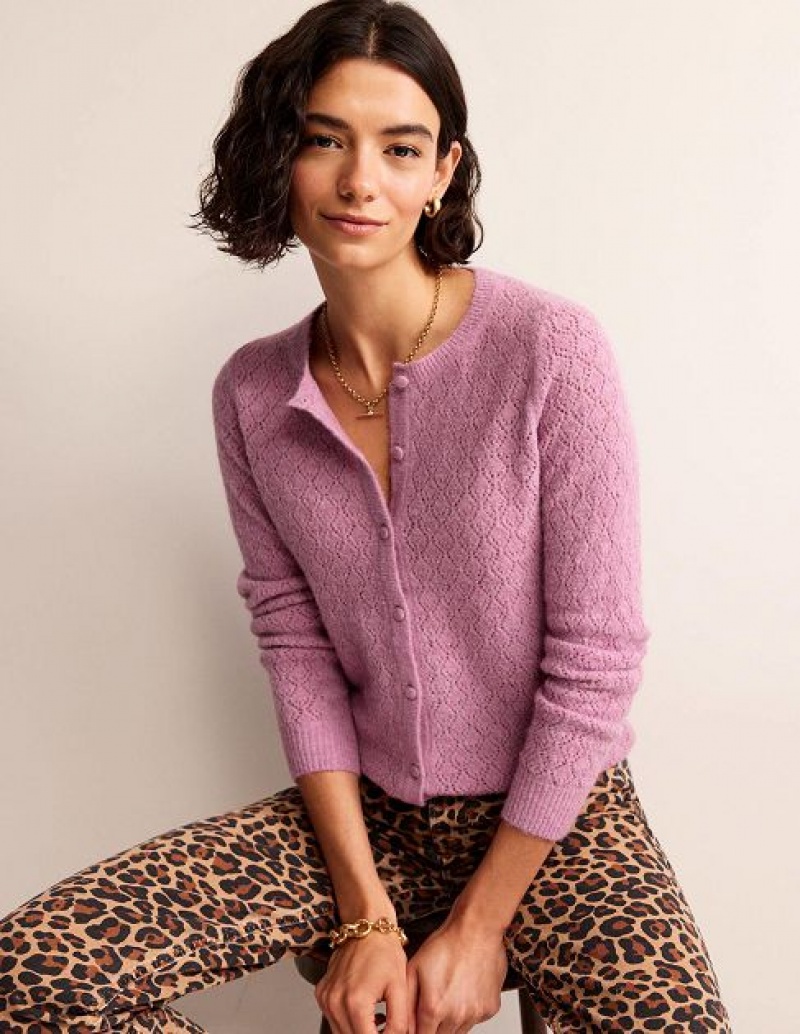 Pink Women's Boden Fluffy Pointelle Cardigan | 93704GBFQ