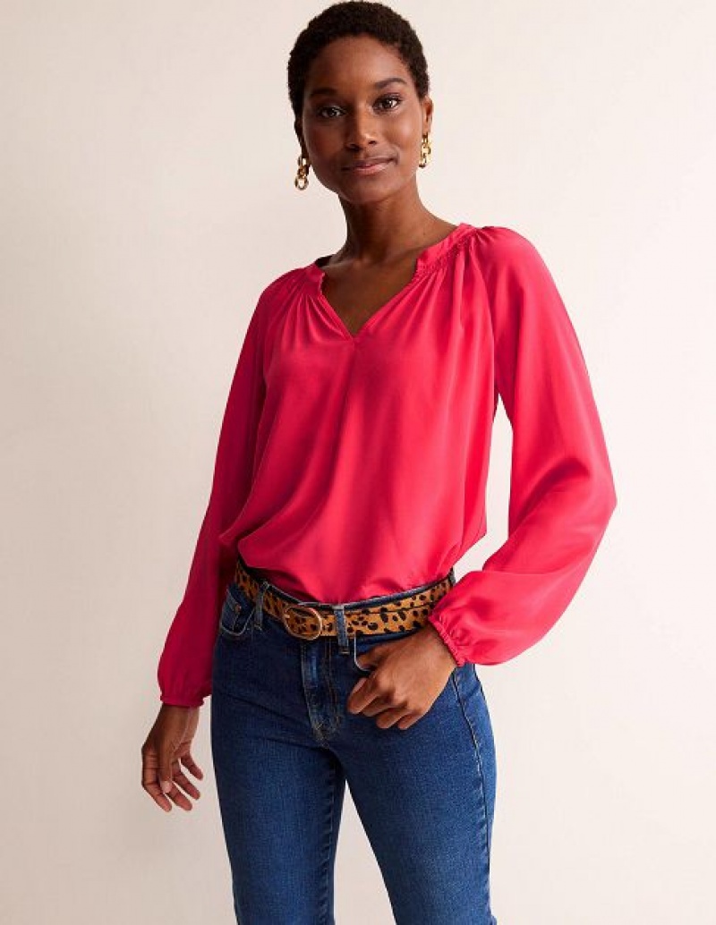 Pink Women's Boden Gathered Neck Silk Blouse | 07139OQXK