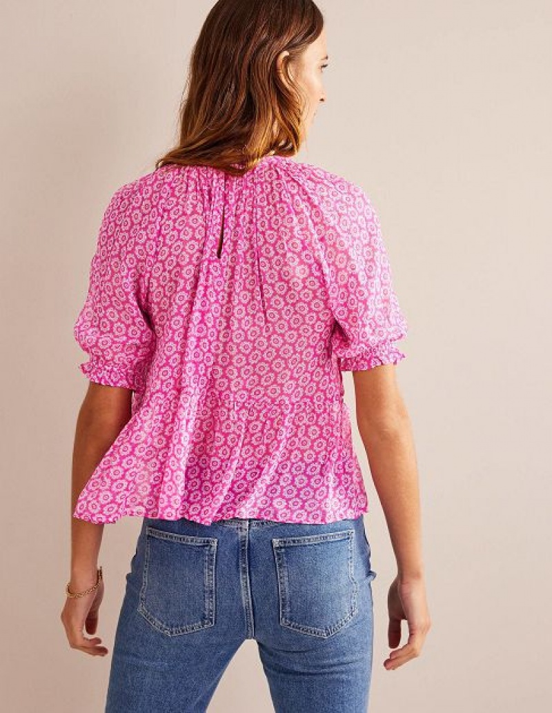 Pink Women's Boden Gathered Sparkle Georgette Tops | 75039HKPS