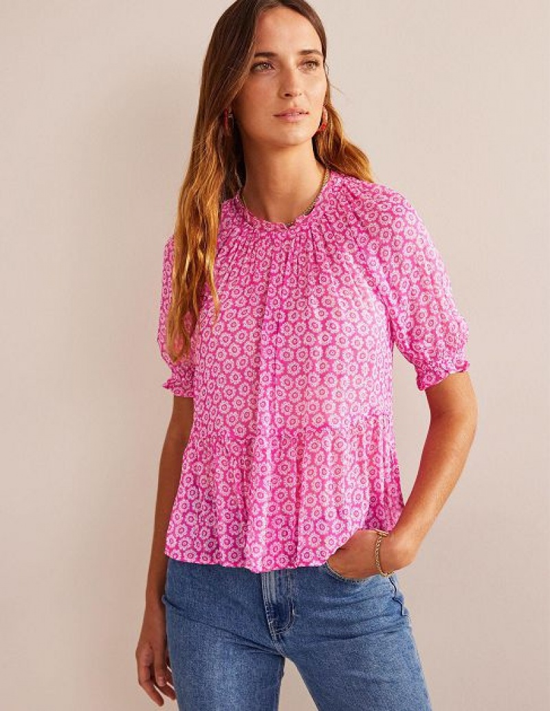 Pink Women's Boden Gathered Sparkle Georgette Tops | 75039HKPS