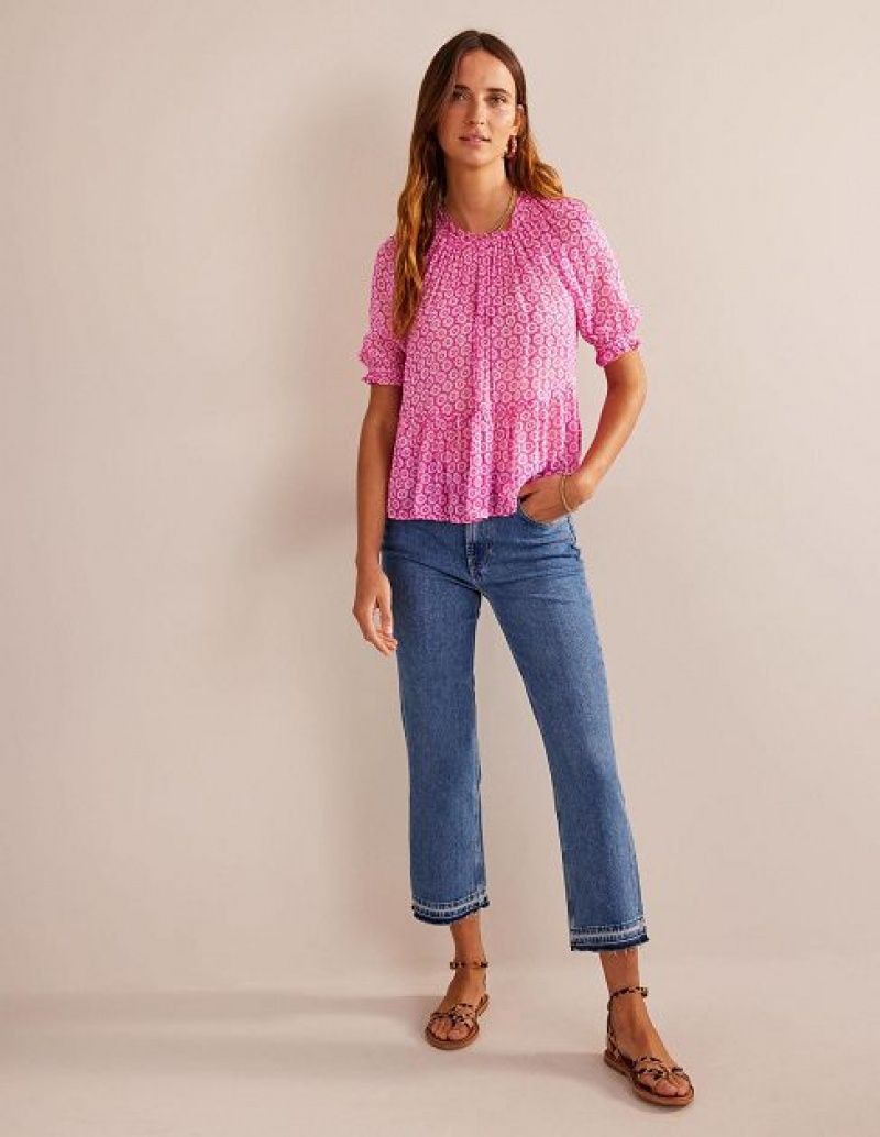 Pink Women's Boden Gathered Sparkle Georgette Tops | 75039HKPS