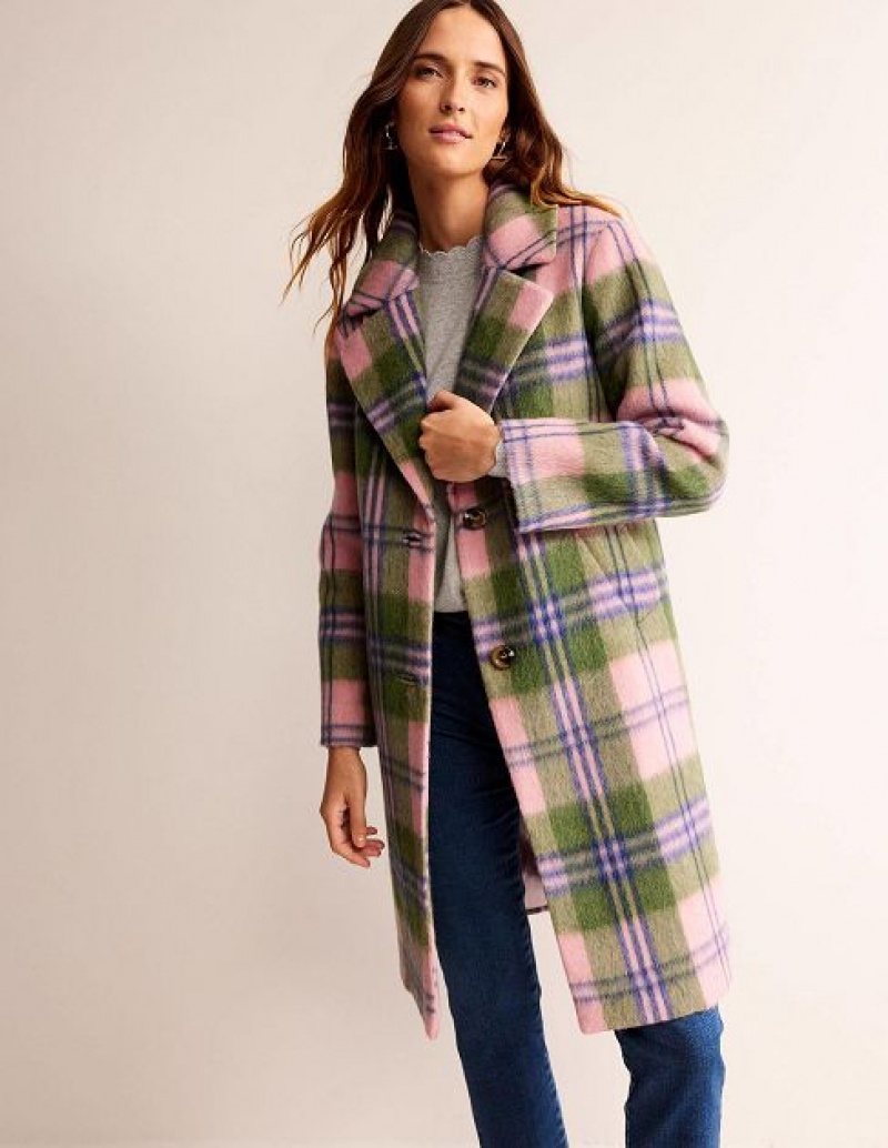 Pink Women's Boden Relaxed-fit Wool Checked Coats | 79826NSLM