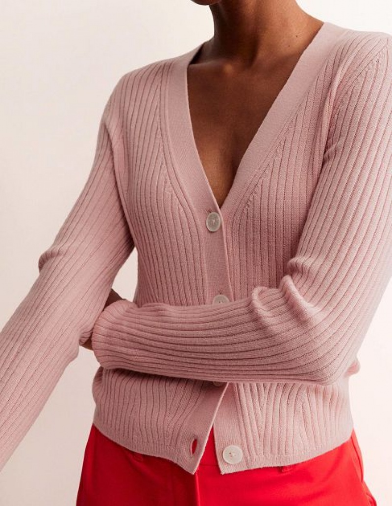 Pink Women's Boden Ribbed Merino V Cardigan | 59261PTIQ