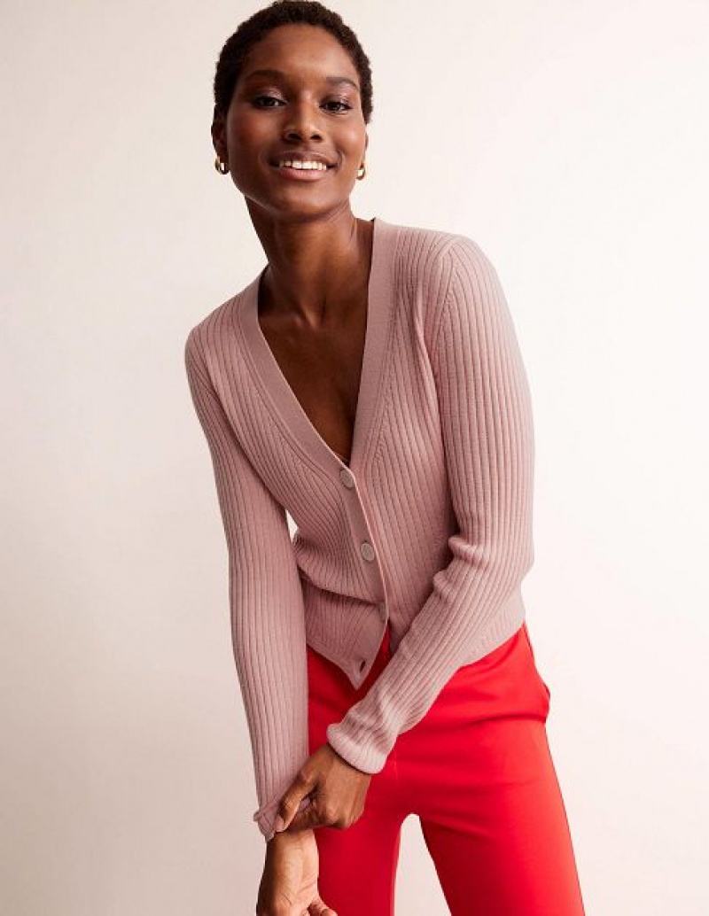 Pink Women's Boden Ribbed Merino V Cardigan | 59261PTIQ