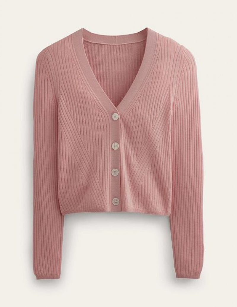 Pink Women's Boden Ribbed Merino V Cardigan | 59261PTIQ