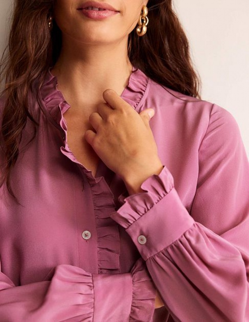 Pink Women's Boden Ruffle Neck Silk Blouse | 10653MSXN