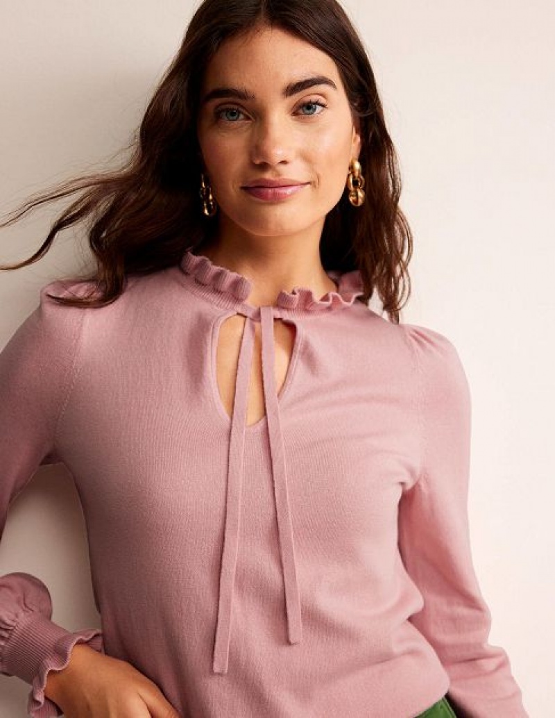 Pink Women's Boden Ruffle Tie Neck Jumpers | 28906OBHQ