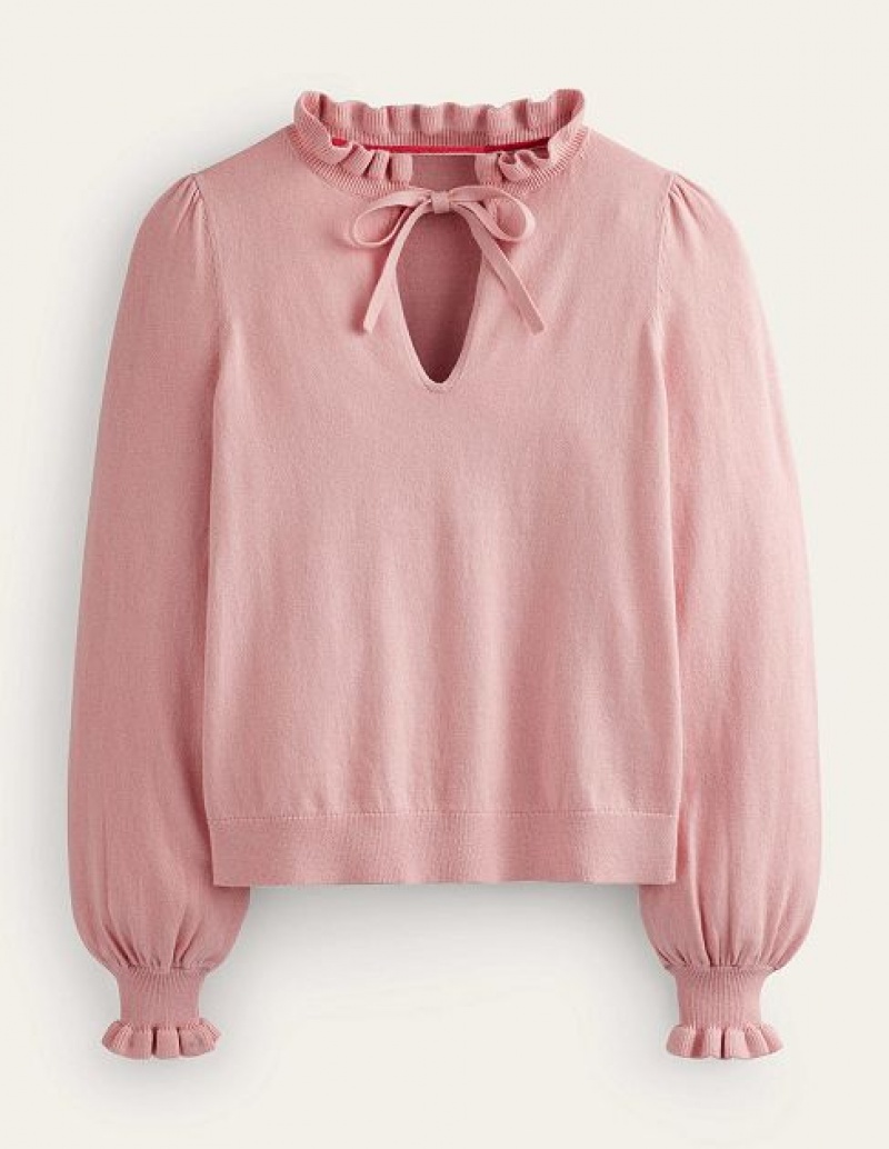 Pink Women's Boden Ruffle Tie Neck Jumpers | 28906OBHQ