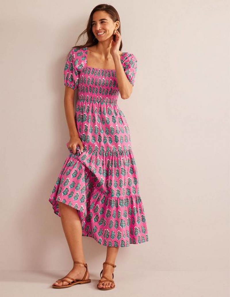 Pink Women's Boden Smocked Bodice Maxi Dress | 01425GBPF