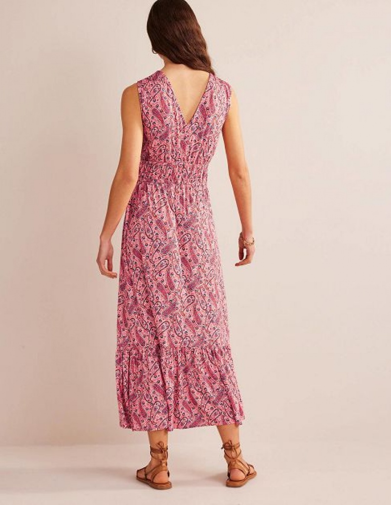 Pink Women's Boden Smocked Jersey Maxi Dress | 28931NUJT