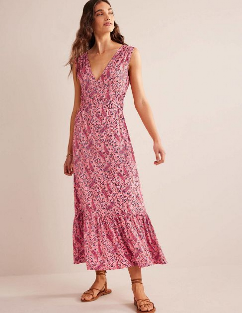 Pink Women\'s Boden Smocked Jersey Maxi Dress | 28931NUJT