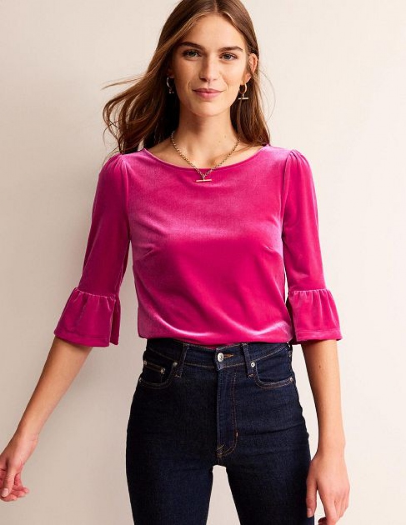 Pink Women's Boden Velvet Ruffle Cuff Tops | 35692UJWP