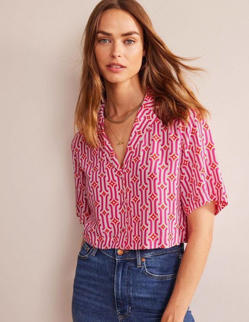 Pink / Azure Women's Boden Cropped Revere Printed Shirts | 57012ULDJ