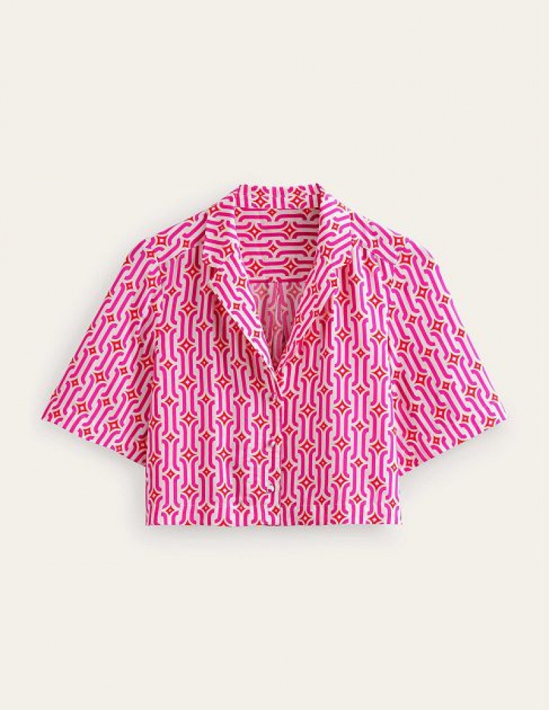 Pink / Azure Women's Boden Cropped Revere Printed Shirts | 57012ULDJ