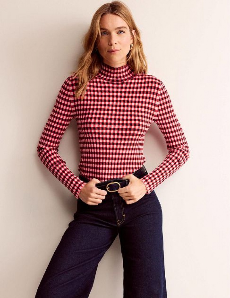 Pink / Black Women's Boden Fitted Check Jumpers | 26104TKRE