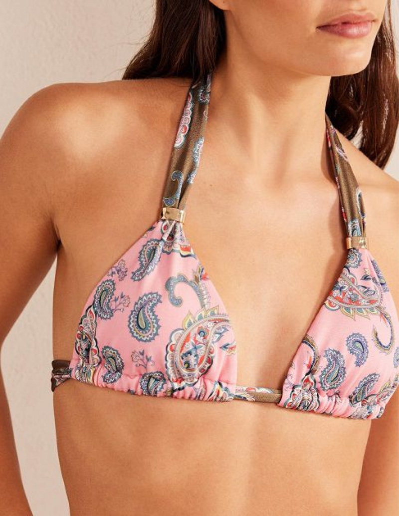 Pink / Blue / Olive Women's Boden Bead Gather Halter Bikini Tops | 81470GJPT