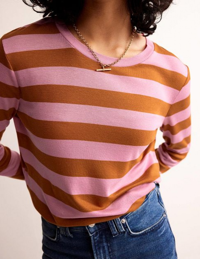 Pink / Brown Women's Boden Tamsin Long Sleeve Tops | 79623TXWA