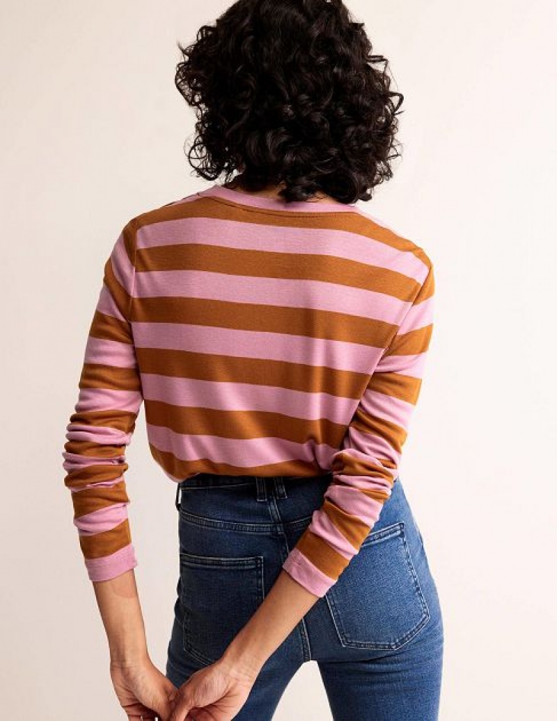 Pink / Brown Women's Boden Tamsin Long Sleeve Tops | 79623TXWA