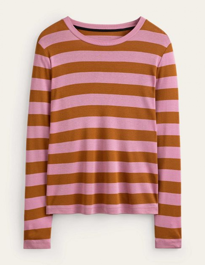 Pink / Brown Women's Boden Tamsin Long Sleeve Tops | 79623TXWA