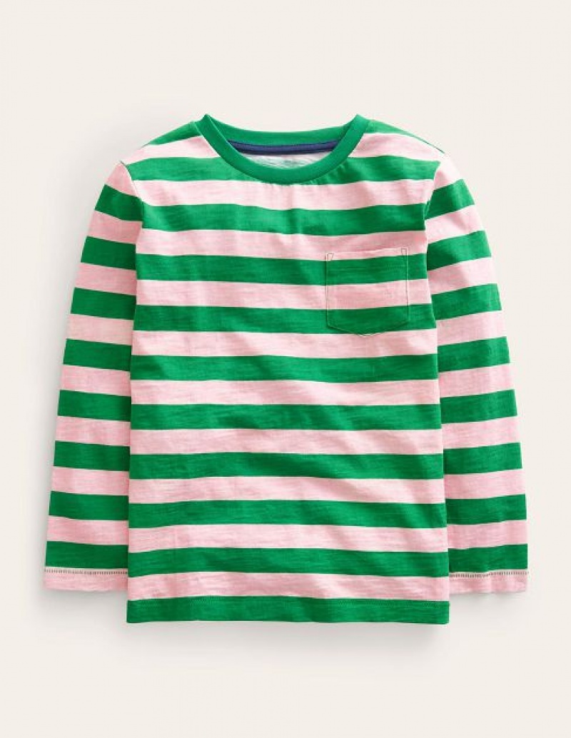 Pink / Deep Green Kids' Boden Long-sleeved Washed T-Shirt | 09256NAVW