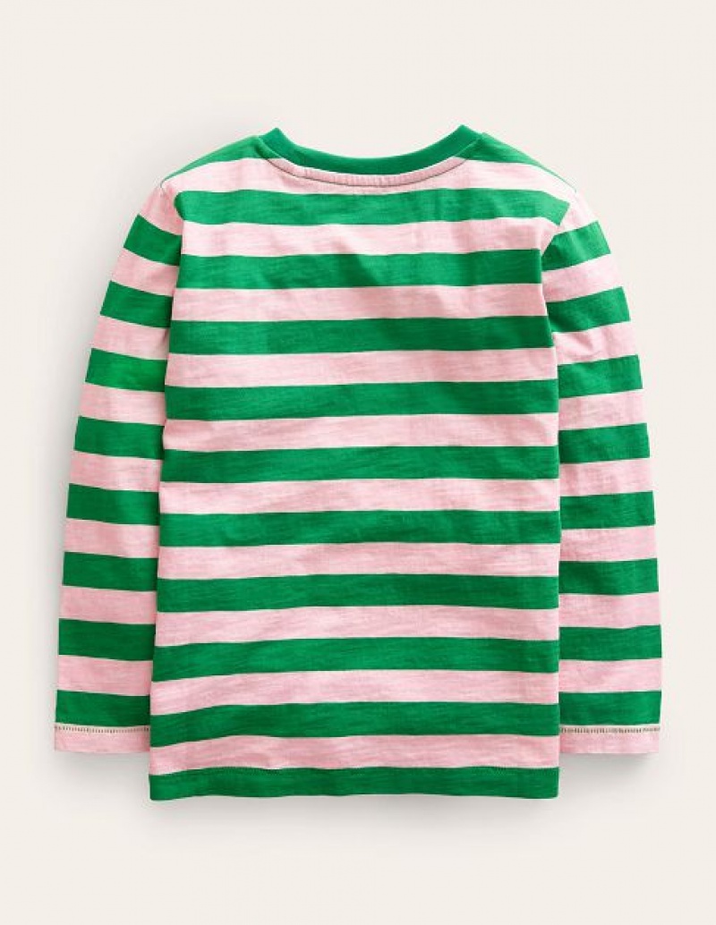 Pink / Deep Green Kids' Boden Long-sleeved Washed T-Shirt | 09256NAVW