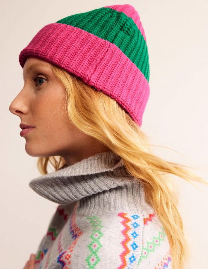 Pink / Green Women's Boden Colour Block Beanie | 17495DOIZ