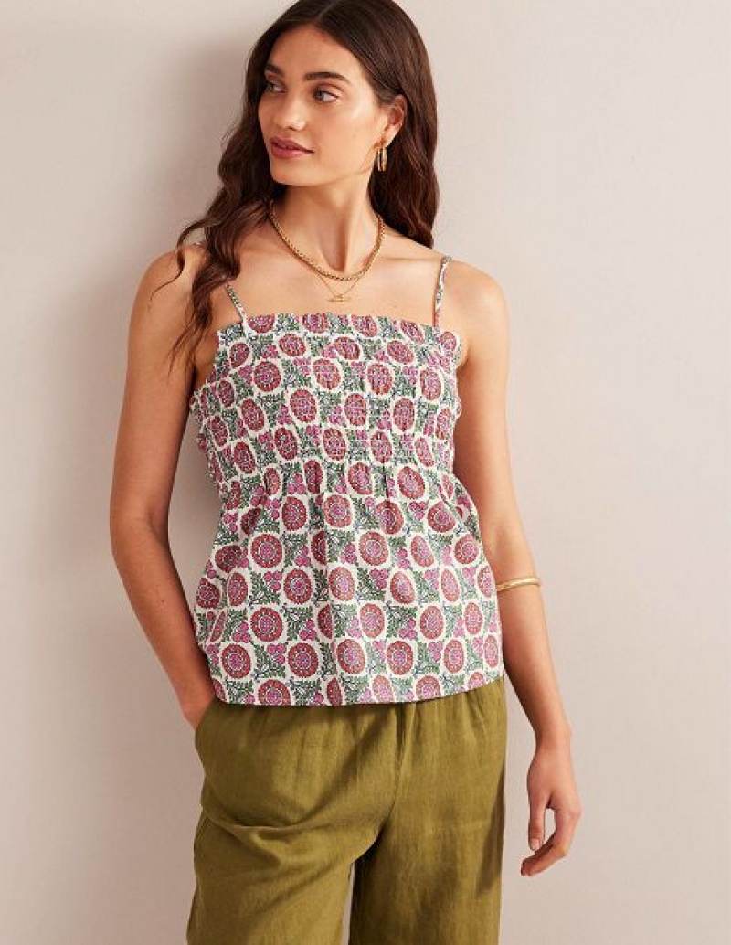 Pink / Green / White Women's Boden Smocked Cami Tops | 52309BVLM