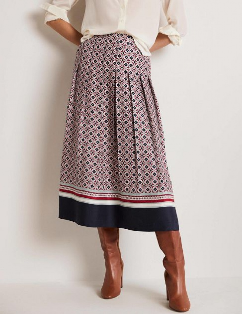 Pink / Navy Women's Boden Pleated Printed Skirts | 97830PRHT