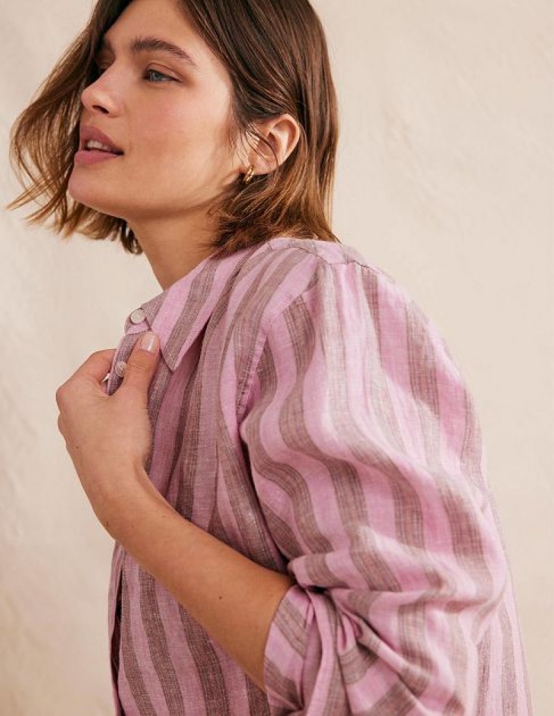 Pink / Stripes Women's Boden Relaxed Linen Shirts | 21830EUDX