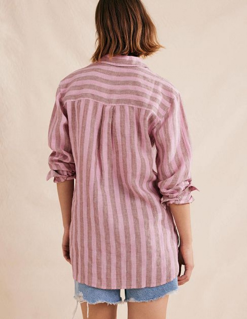 Pink / Stripes Women's Boden Relaxed Linen Shirts | 21830EUDX