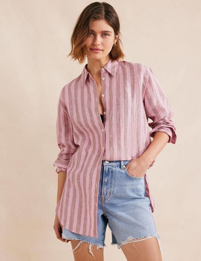 Pink / Stripes Women's Boden Relaxed Linen Shirts | 21830EUDX