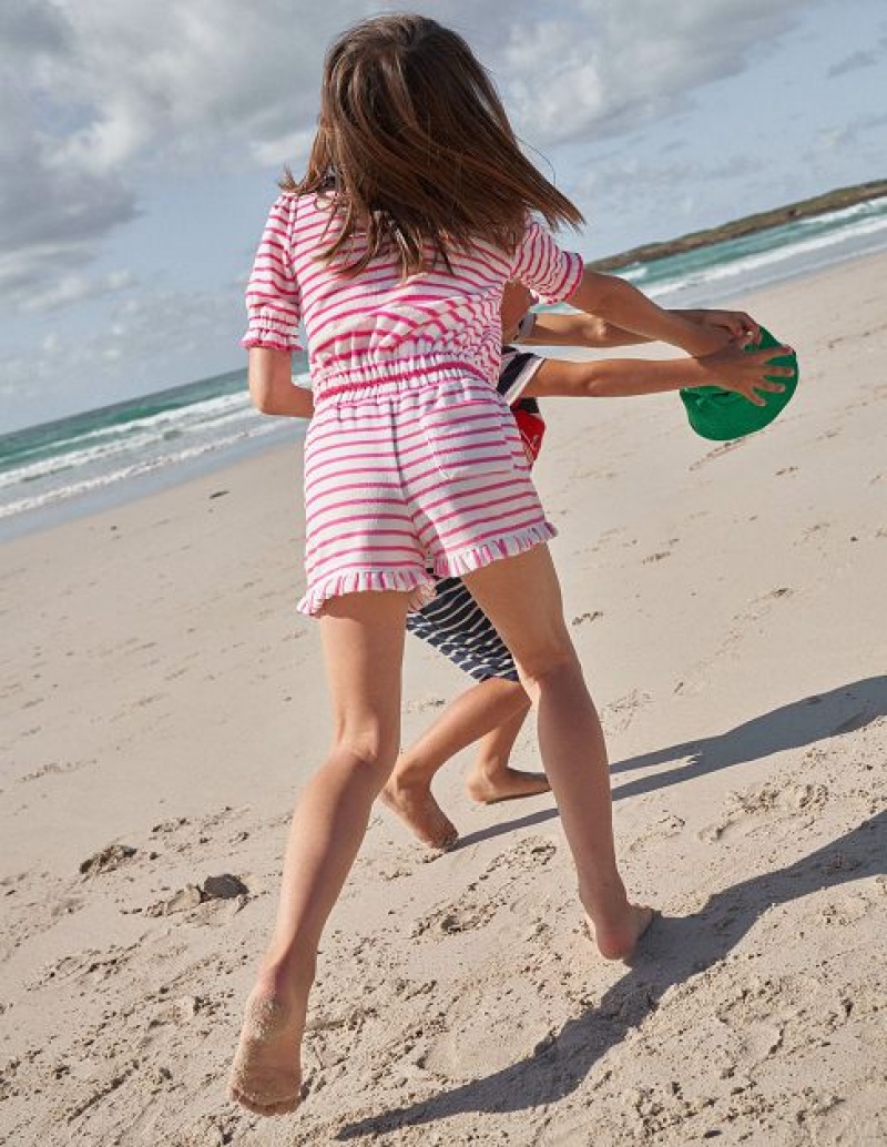 Pink / White Kids' Boden Frill Hem Towelling Shorts | 43256JZAF