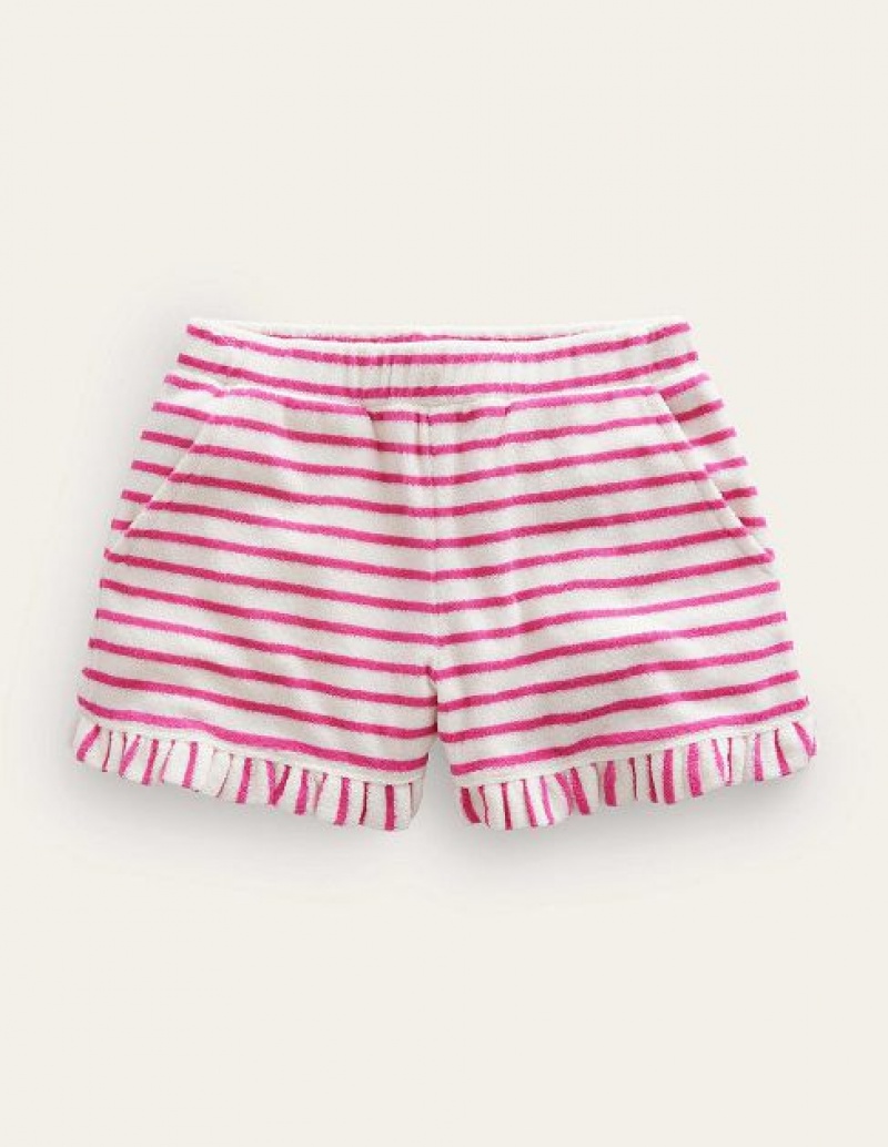 Pink / White Kids' Boden Frill Hem Towelling Shorts | 43256JZAF